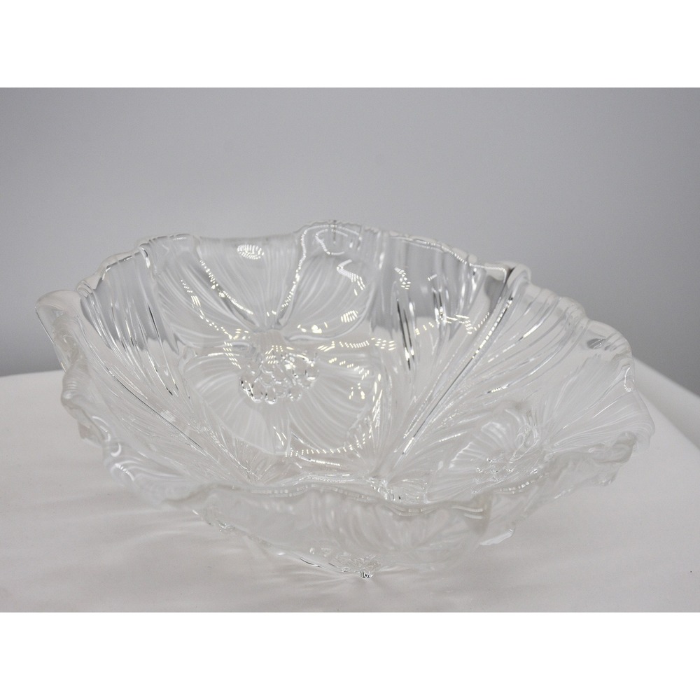 Vintage Clear Crystal Glass Bowl - Frosted Lili Flowers Embossed.